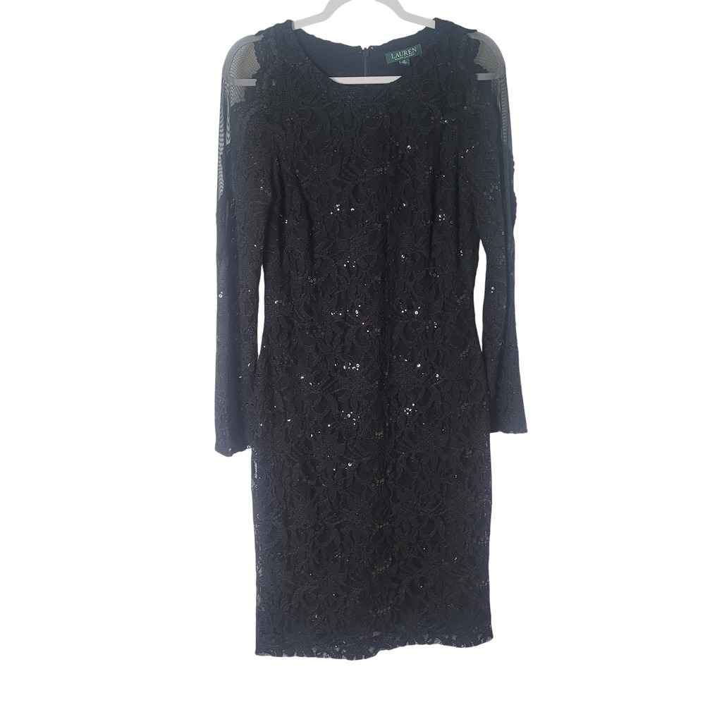 Ralph Lauren LRL Black Sequin Floral Lace Sheath Dress Long Mesh Sleeve Size 12